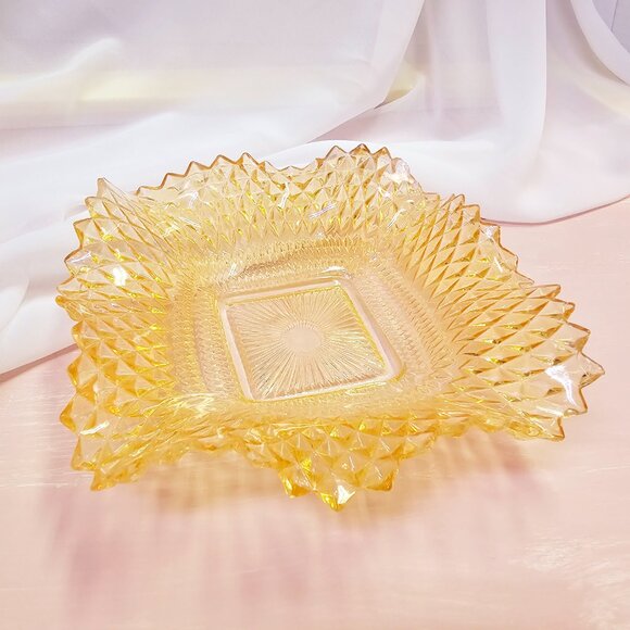 Peach Diamond Point Carnival Glass Ruffled Edge Candy Dish, Indiana Glass - Picture 2 of 8